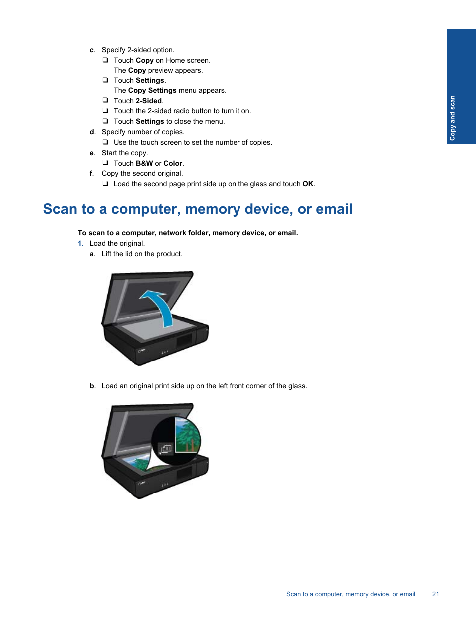 Scan to a computer, memory device, or email | HP ENVY 120 e-All-in-One Printer User Manual | Page 23 / 62