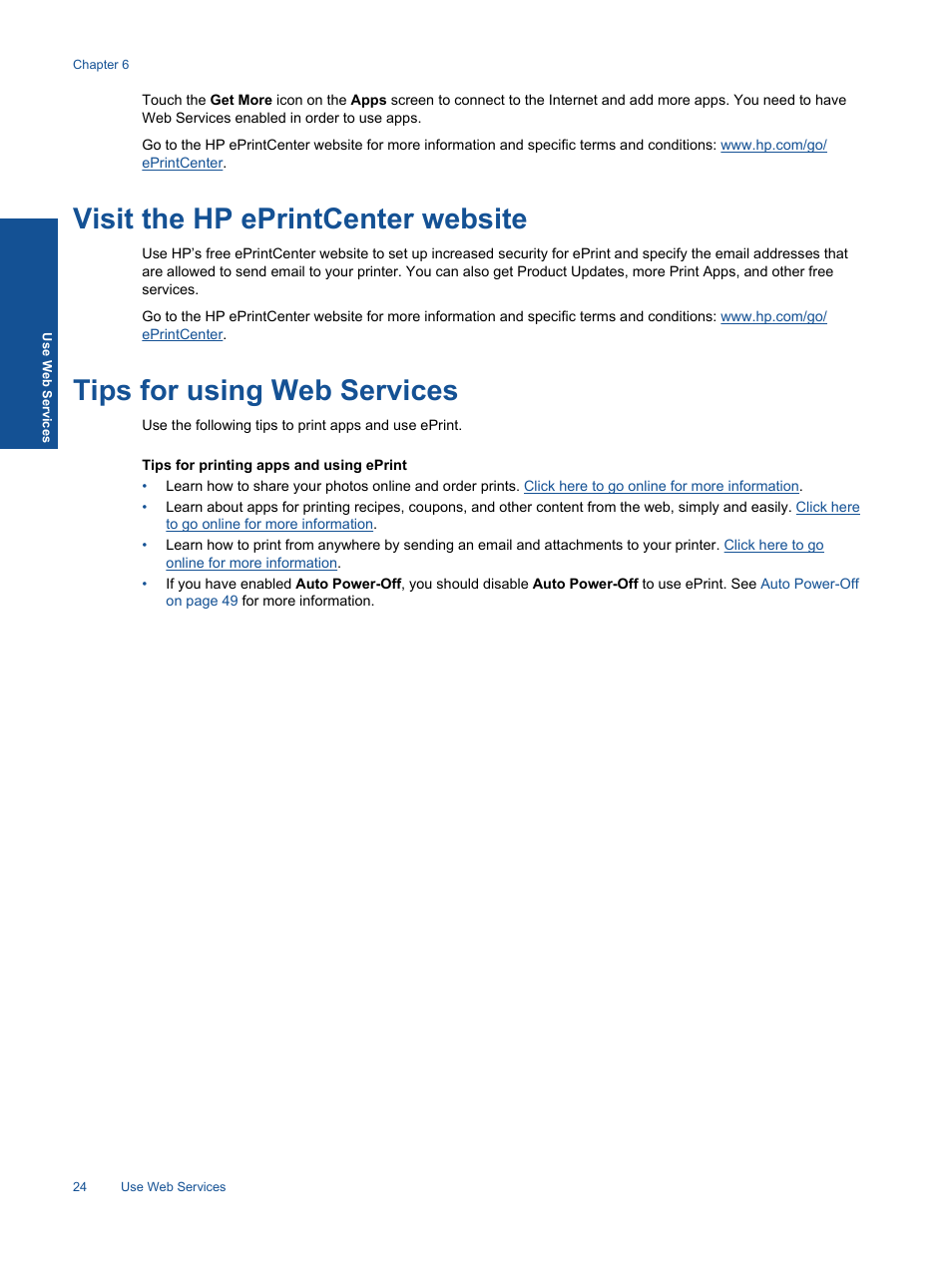 Visit the hp eprintcenter website, Tips for using web services | HP ENVY 120 e-All-in-One Printer User Manual | Page 26 / 62