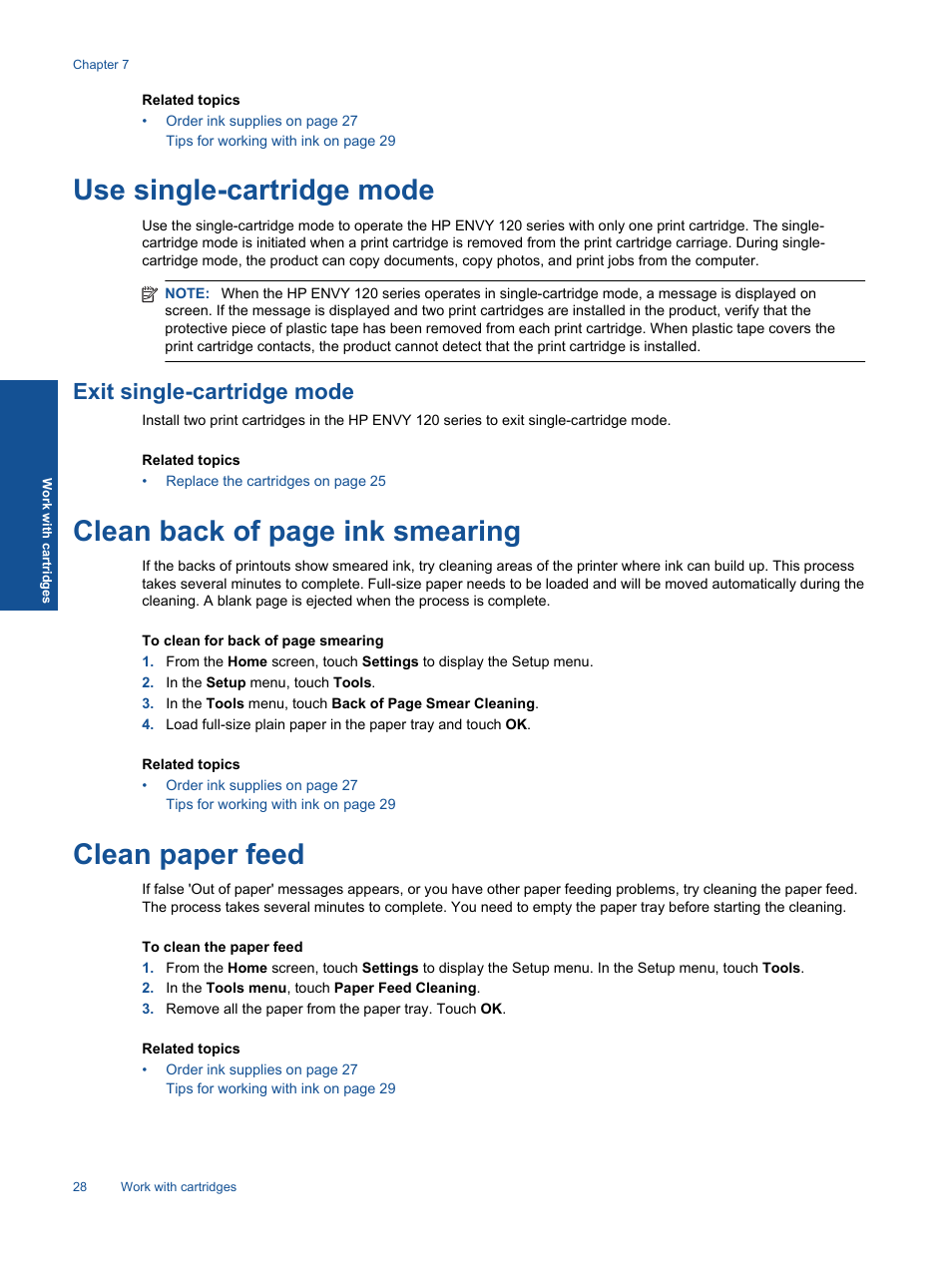 Use single-cartridge mode, Exit single-cartridge mode, Clean paper feed | Clean back of page ink smearing | HP ENVY 120 e-All-in-One Printer User Manual | Page 30 / 62