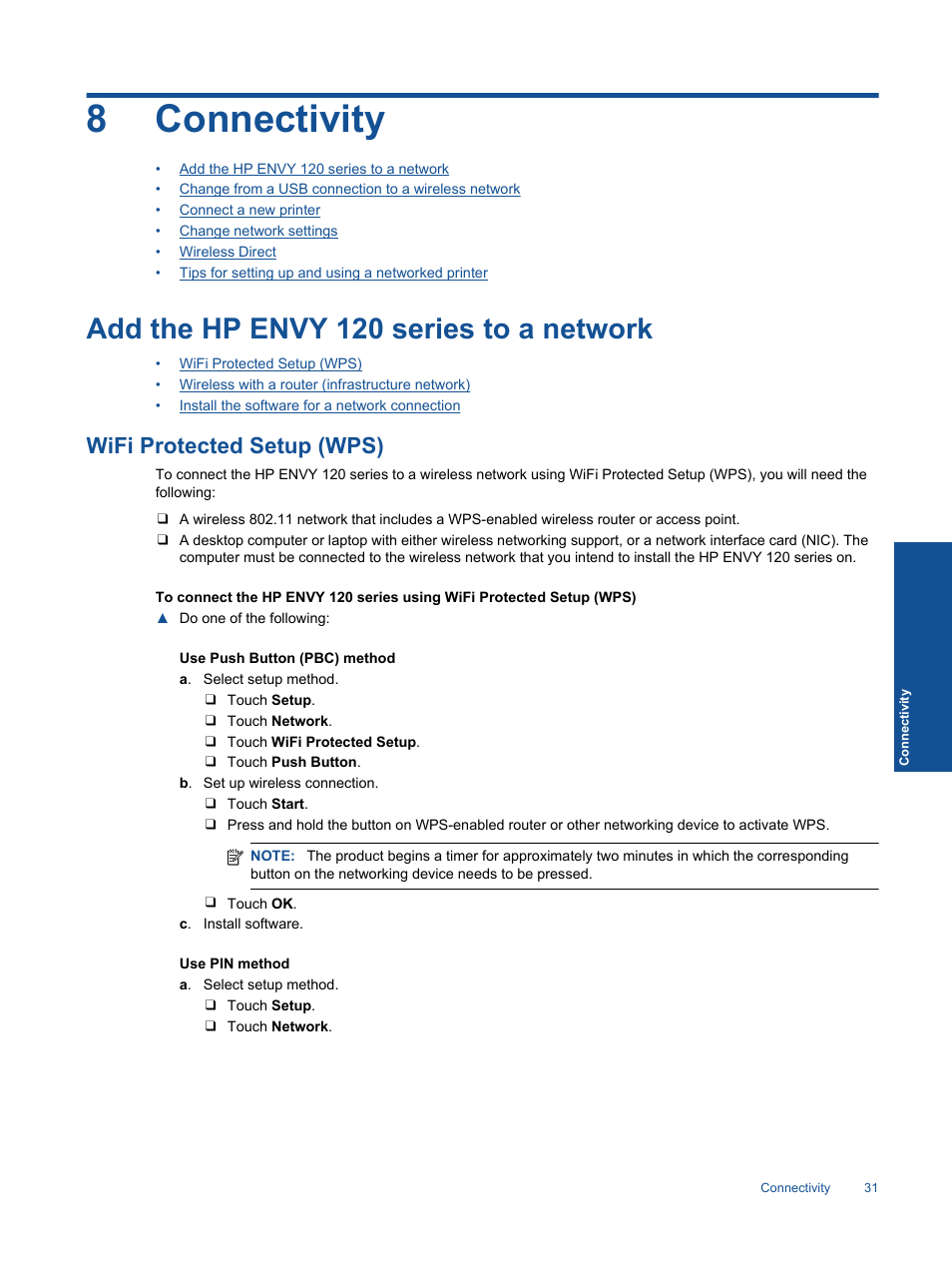 Connectivity, Add the hp envy 120 series to a network, Wifi protected setup (wps) | 8 connectivity, 8connectivity | HP ENVY 120 e-All-in-One Printer User Manual | Page 33 / 62