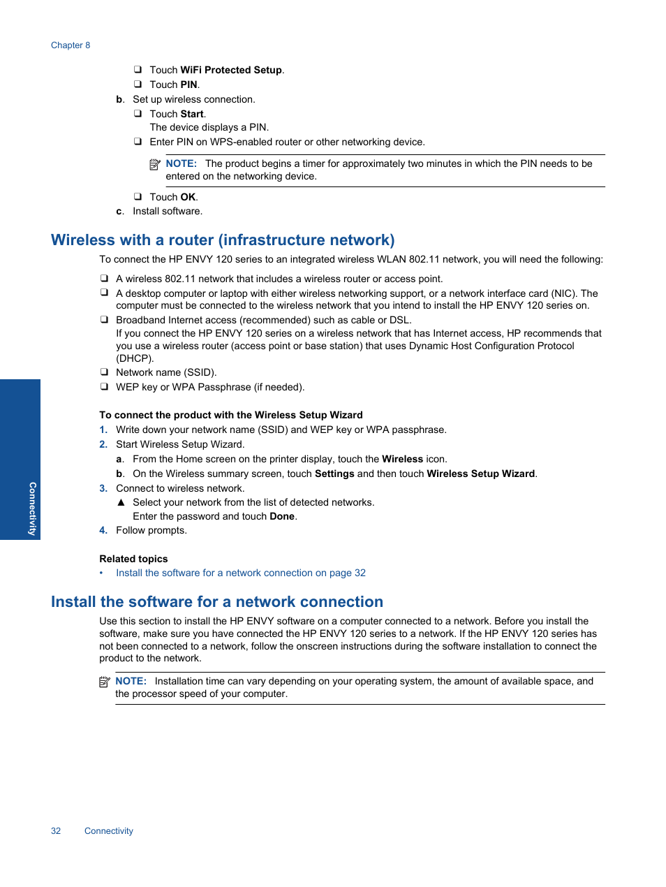 Wireless with a router (infrastructure network), Install the software for a network connection | HP ENVY 120 e-All-in-One Printer User Manual | Page 34 / 62