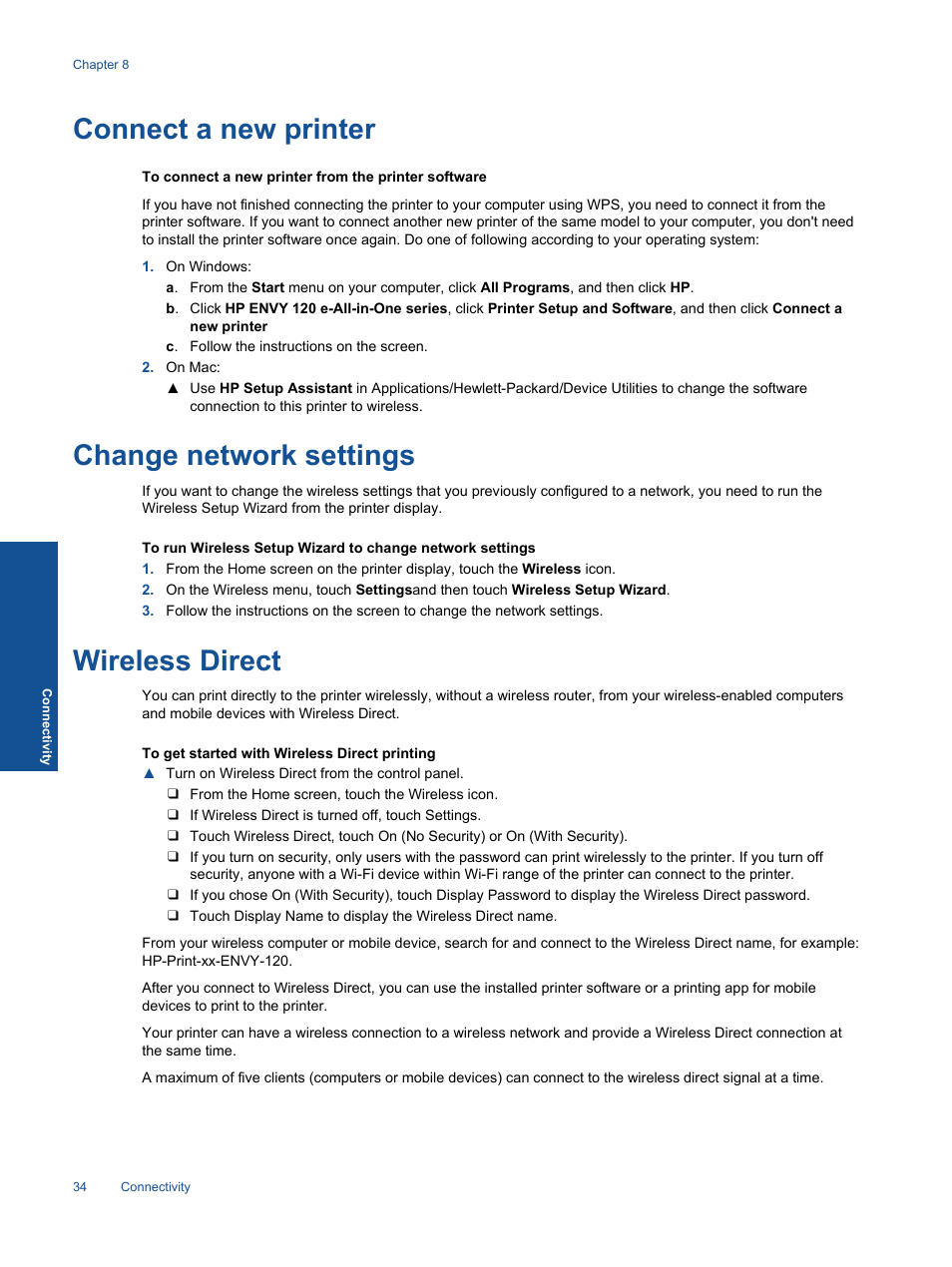 Connect a new printer, Change network settings, Wireless direct | HP ENVY 120 e-All-in-One Printer User Manual | Page 36 / 62