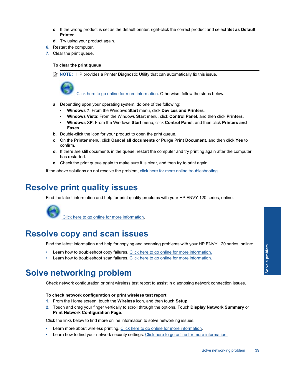 Resolve print quality issues, Resolve copy and scan issues, Solve networking problem | HP ENVY 120 e-All-in-One Printer User Manual | Page 41 / 62