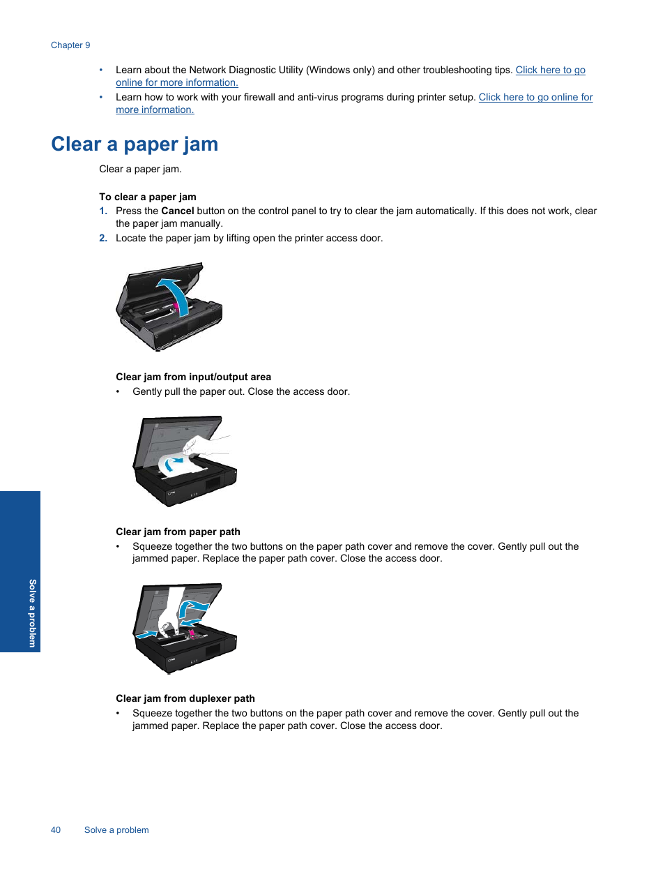 Clear a paper jam | HP ENVY 120 e-All-in-One Printer User Manual | Page 42 / 62