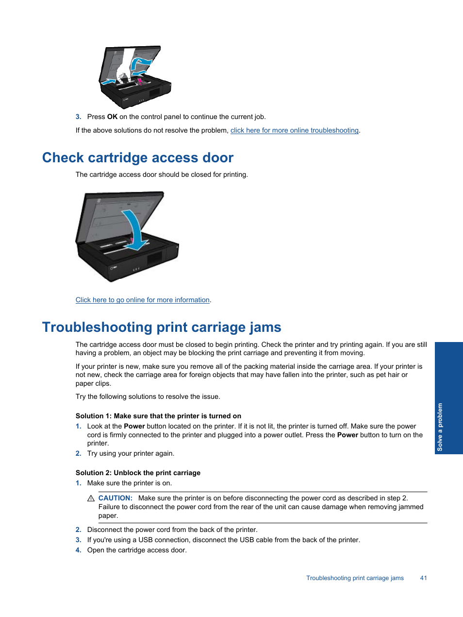 Check cartridge access door, Troubleshooting print carriage jams | HP ENVY 120 e-All-in-One Printer User Manual | Page 43 / 62
