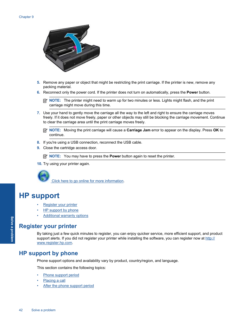 Hp support, Register your printer, Hp support by phone | HP ENVY 120 e-All-in-One Printer User Manual | Page 44 / 62