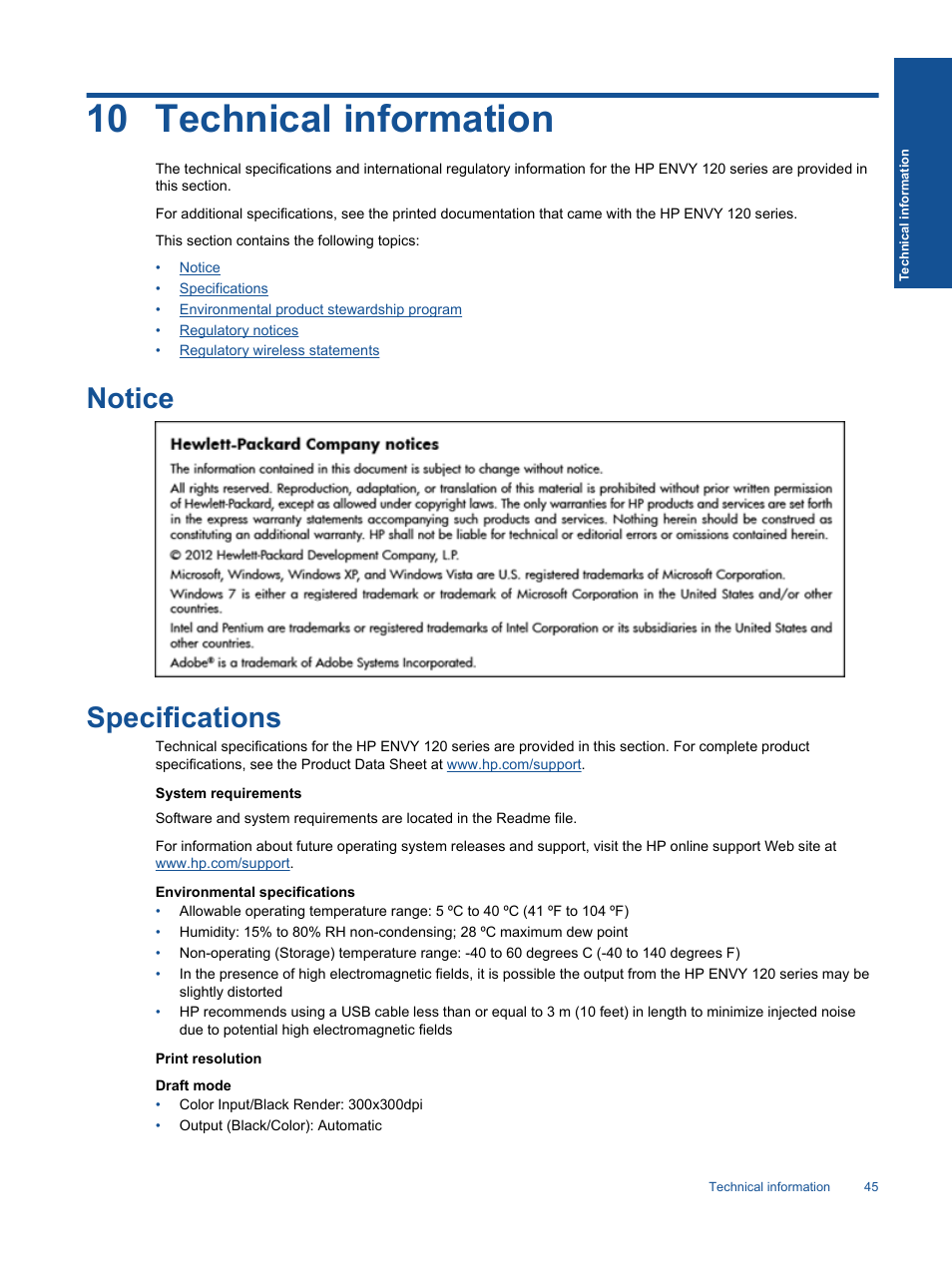 Technical information, Notice, Specifications | 10 technical information, Notice specifications | HP ENVY 120 e-All-in-One Printer User Manual | Page 47 / 62