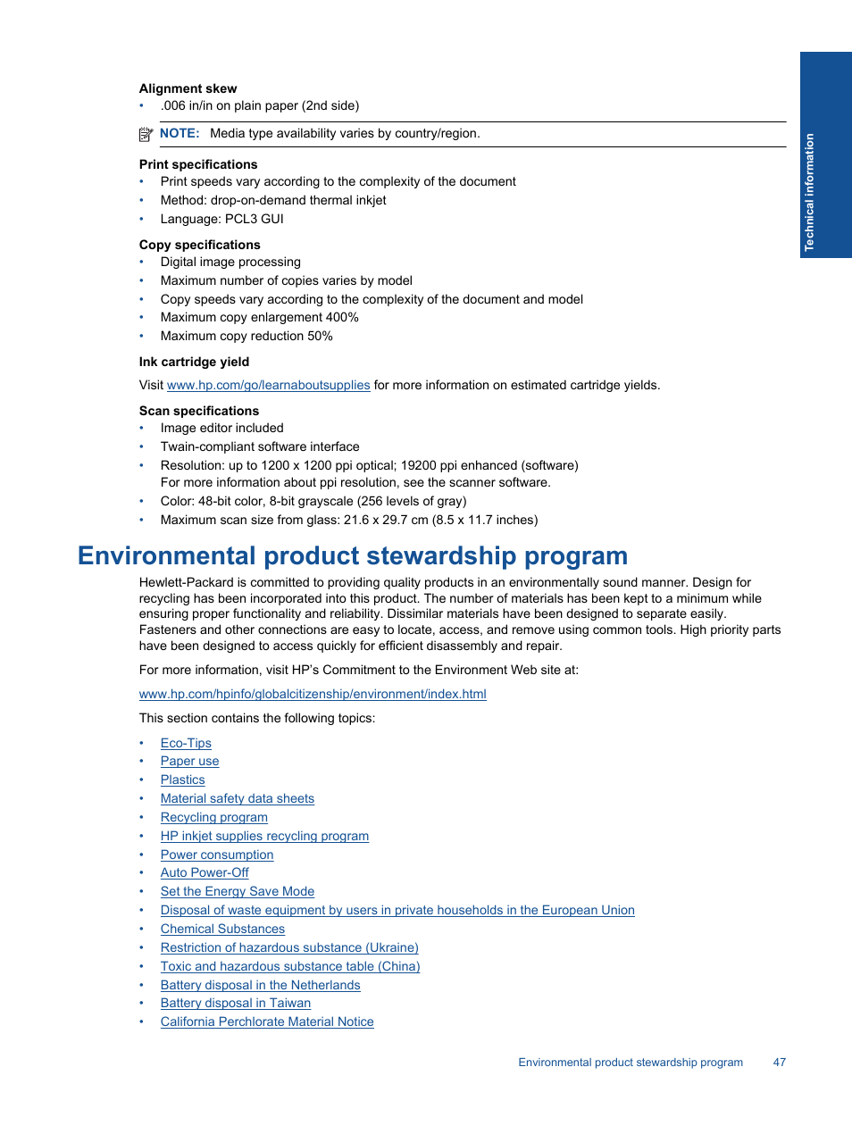 Environmental product stewardship program | HP ENVY 120 e-All-in-One Printer User Manual | Page 49 / 62