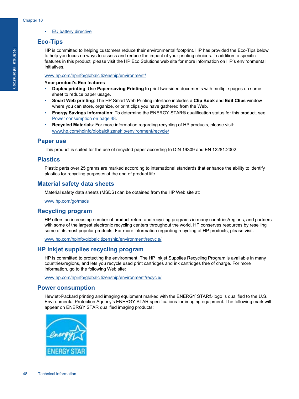 Eco-tips, Paper use, Plastics | Material safety data sheets, Recycling program, Hp inkjet supplies recycling program, Power consumption | HP ENVY 120 e-All-in-One Printer User Manual | Page 50 / 62