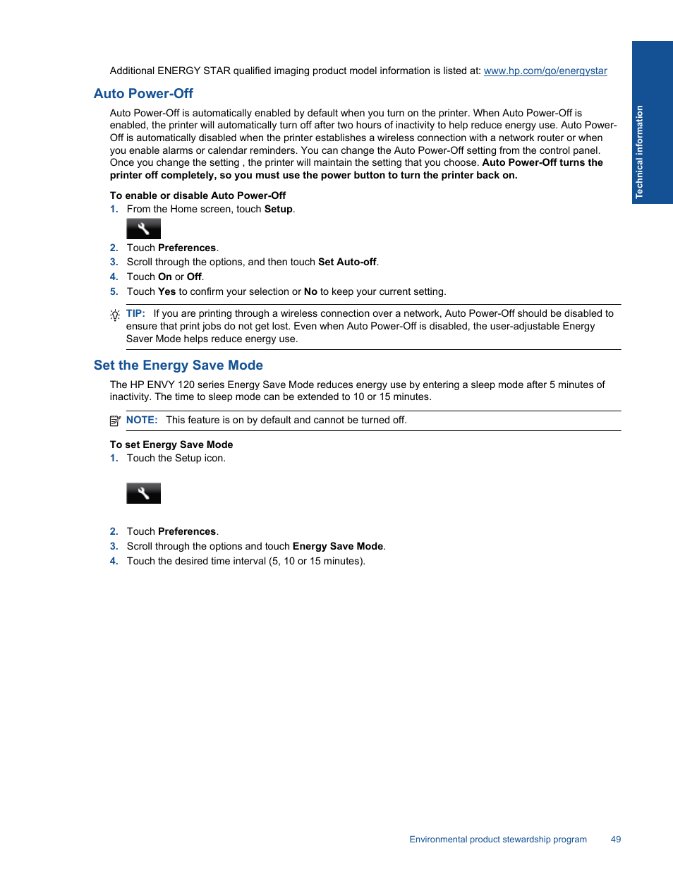 Auto power-off, Set the energy save mode | HP ENVY 120 e-All-in-One Printer User Manual | Page 51 / 62