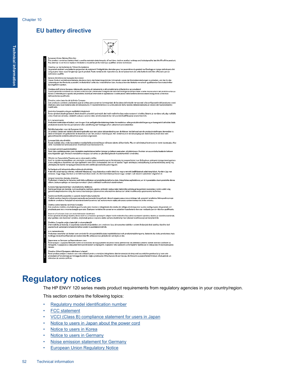 Eu battery directive, Regulatory notices | HP ENVY 120 e-All-in-One Printer User Manual | Page 54 / 62