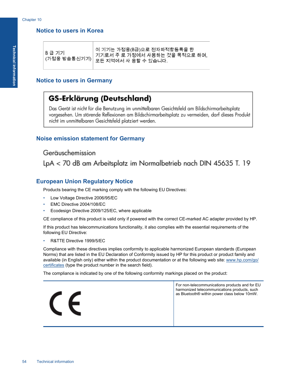 Notice to users in korea, Notice to users in germany, Noise emission statement for germany | European union regulatory notice | HP ENVY 120 e-All-in-One Printer User Manual | Page 56 / 62