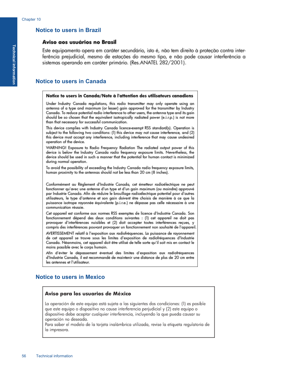 Notice to users in brazil, Notice to users in canada, Notice to users in mexico | HP ENVY 120 e-All-in-One Printer User Manual | Page 58 / 62