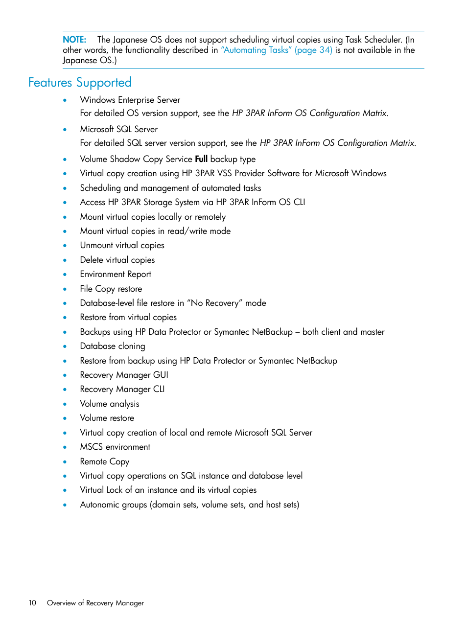Features supported | HP 3PAR Application Software Suite for Microsoft SQL Licenses User Manual | Page 10 / 84