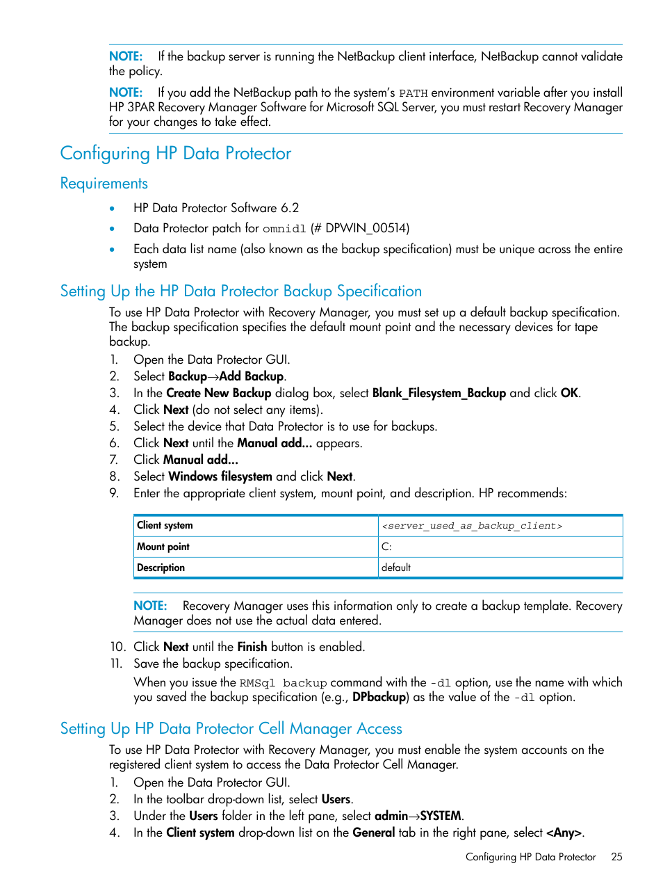 Configuring hp data protector, Requirements, Setting up hp data protector cell manager access | HP 3PAR Application Software Suite for Microsoft SQL Licenses User Manual | Page 25 / 84