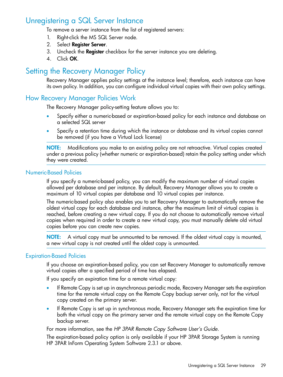 Unregistering a sql server instance, Setting the recovery manager policy, How recovery manager policies work | Numeric-based policies, Expiration-based policies, Numeric-based policies expiration-based policies | HP 3PAR Application Software Suite for Microsoft SQL Licenses User Manual | Page 29 / 84