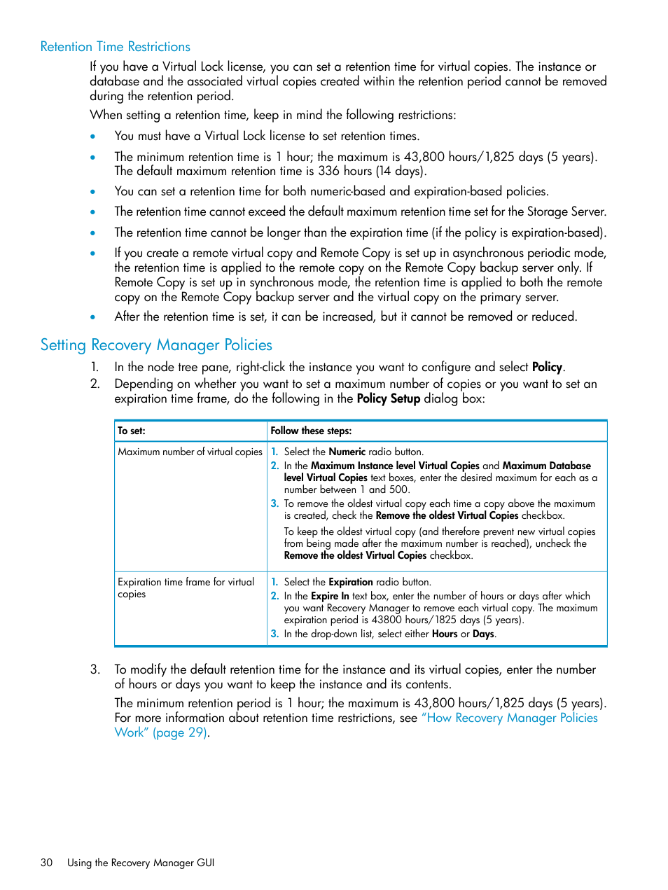 Retention time restrictions, Setting recovery manager policies | HP 3PAR Application Software Suite for Microsoft SQL Licenses User Manual | Page 30 / 84