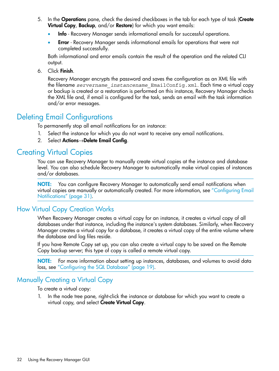Deleting email configurations, Creating virtual copies, How virtual copy creation works | Manually creating a virtual copy | HP 3PAR Application Software Suite for Microsoft SQL Licenses User Manual | Page 32 / 84
