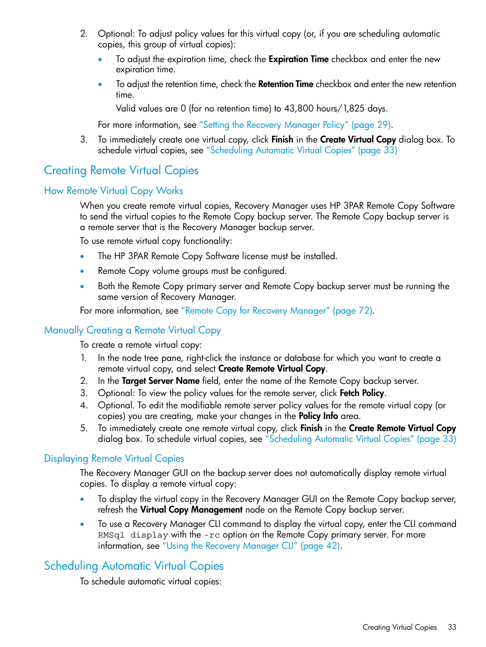 Creating remote virtual copies, How remote virtual copy works, Manually creating a remote virtual copy | Displaying remote virtual copies, Scheduling automatic virtual copies | HP 3PAR Application Software Suite for Microsoft SQL Licenses User Manual | Page 33 / 84