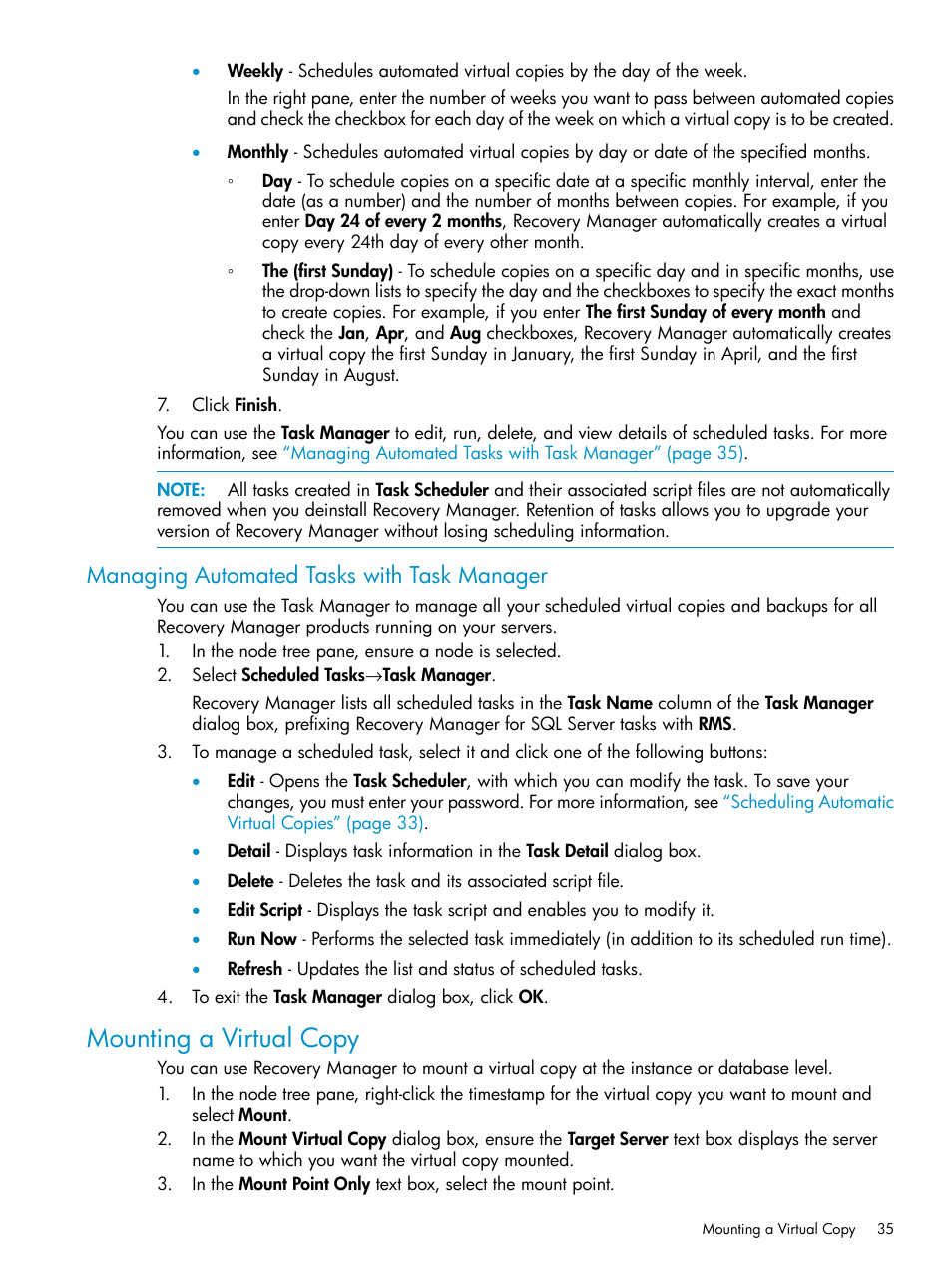 Managing automated tasks with task manager, Mounting a virtual copy | HP 3PAR Application Software Suite for Microsoft SQL Licenses User Manual | Page 35 / 84