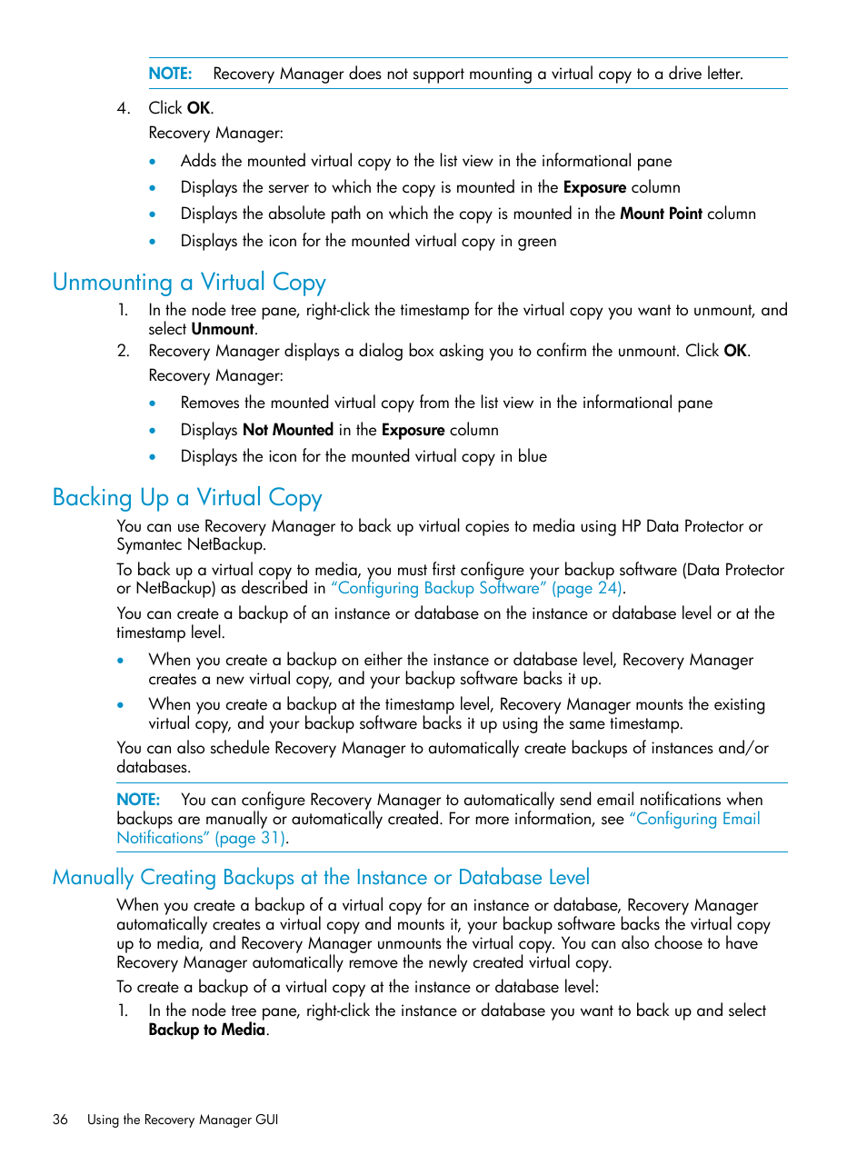Unmounting a virtual copy, Backing up a virtual copy | HP 3PAR Application Software Suite for Microsoft SQL Licenses User Manual | Page 36 / 84