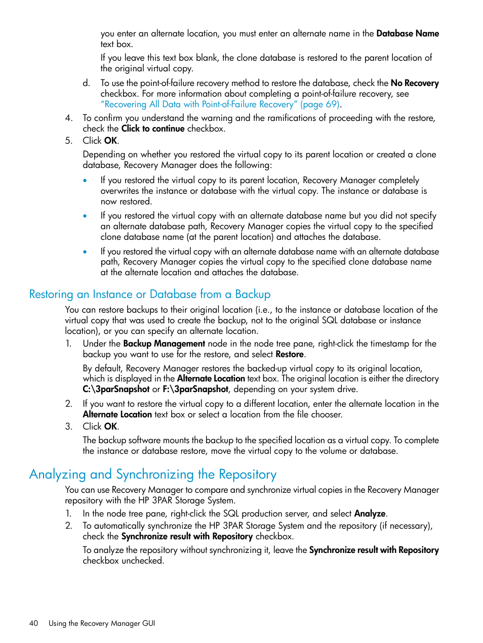 Restoring an instance or database from a backup, Analyzing and synchronizing the repository | HP 3PAR Application Software Suite for Microsoft SQL Licenses User Manual | Page 40 / 84