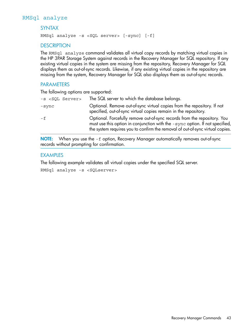 Rmsql analyze | HP 3PAR Application Software Suite for Microsoft SQL Licenses User Manual | Page 43 / 84