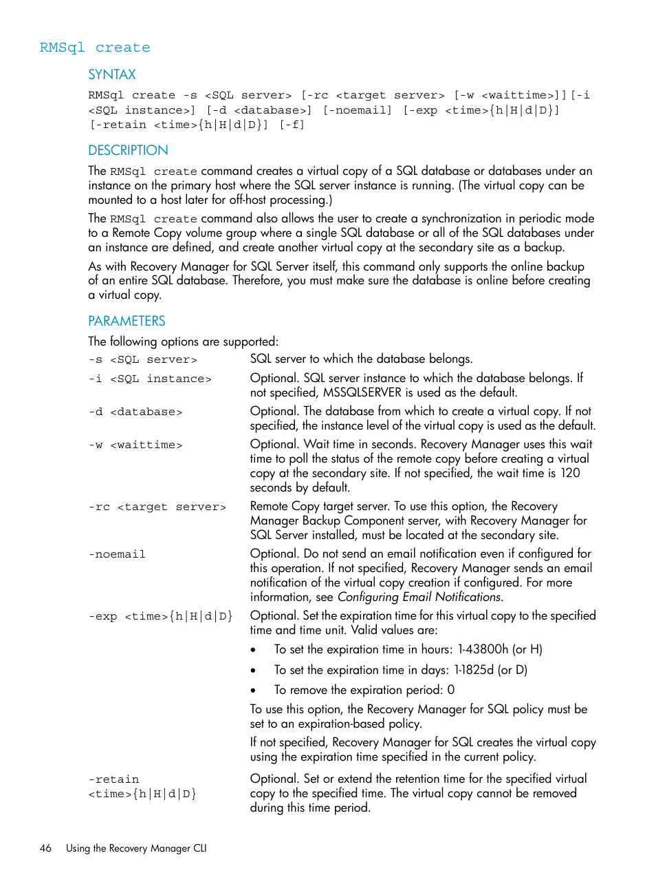 Rmsql create | HP 3PAR Application Software Suite for Microsoft SQL Licenses User Manual | Page 46 / 84