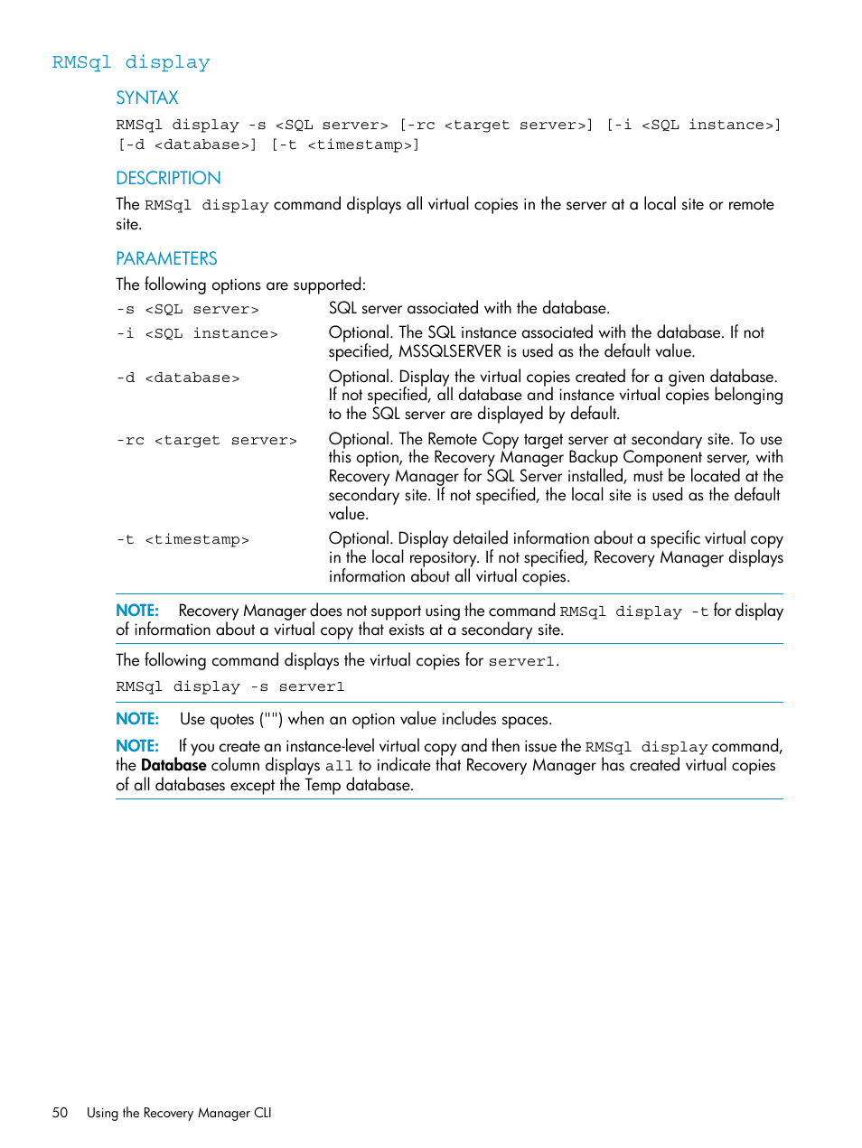 Rmsql display | HP 3PAR Application Software Suite for Microsoft SQL Licenses User Manual | Page 50 / 84