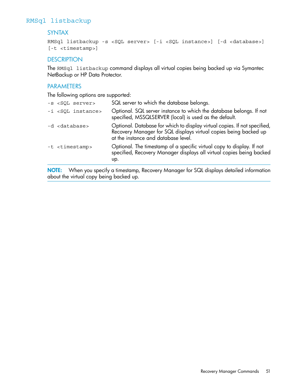 Rmsql listbackup | HP 3PAR Application Software Suite for Microsoft SQL Licenses User Manual | Page 51 / 84