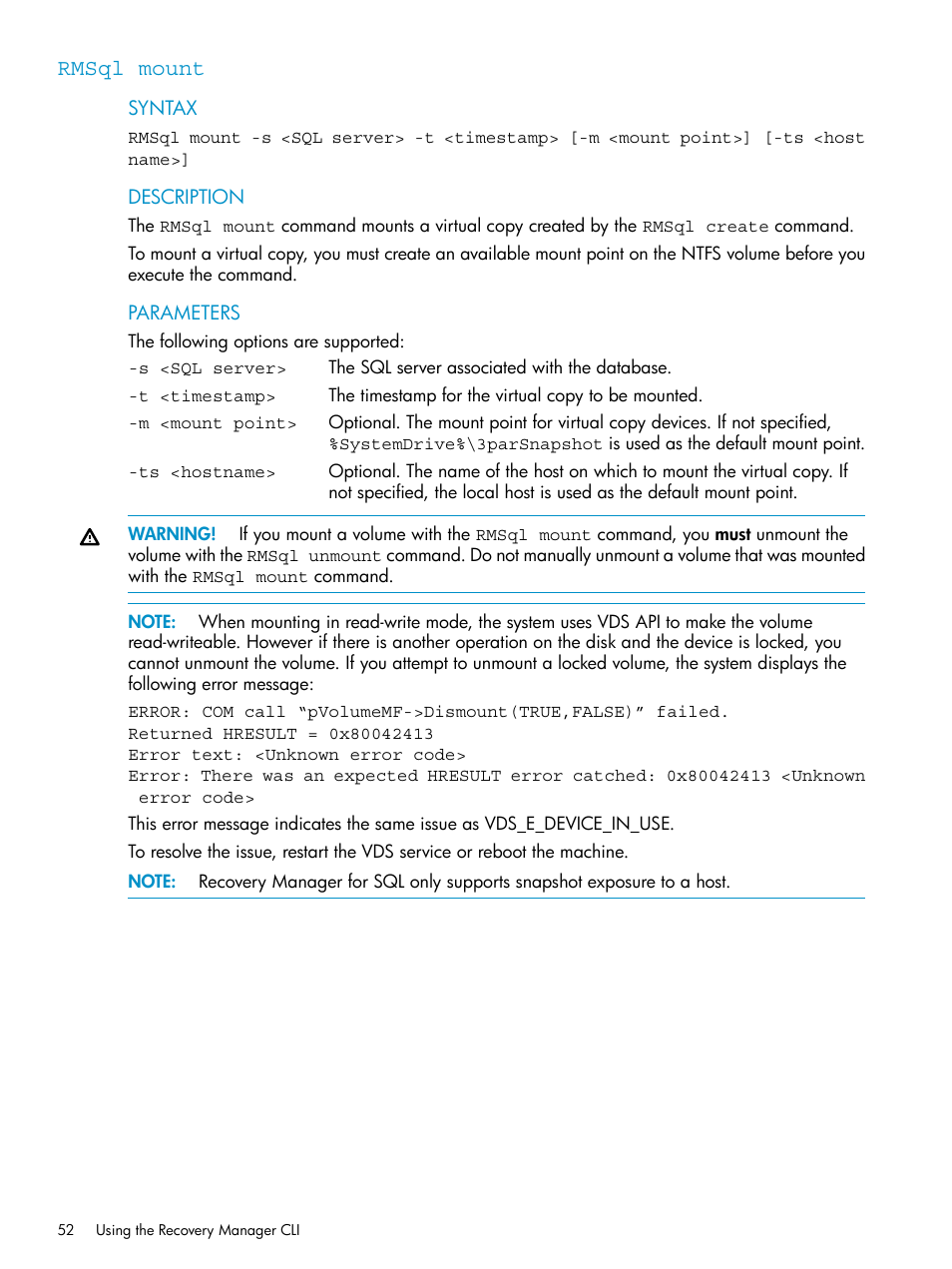 Rmsql mount | HP 3PAR Application Software Suite for Microsoft SQL Licenses User Manual | Page 52 / 84