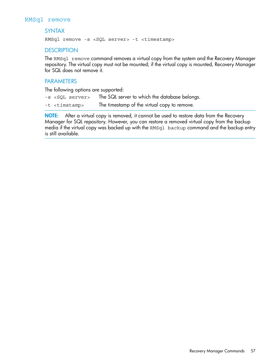 Rmsql remove | HP 3PAR Application Software Suite for Microsoft SQL Licenses User Manual | Page 57 / 84