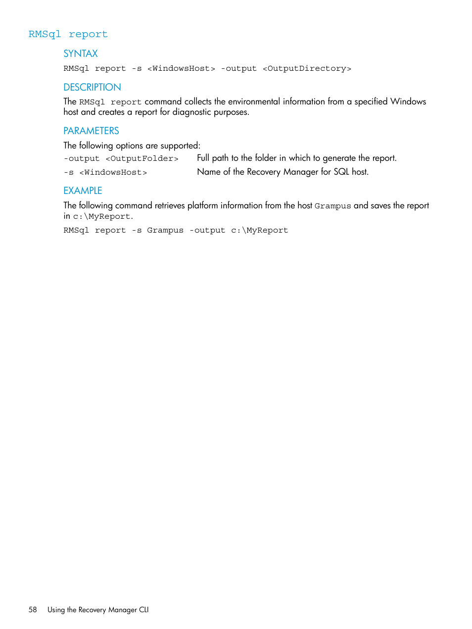 Rmsql report | HP 3PAR Application Software Suite for Microsoft SQL Licenses User Manual | Page 58 / 84