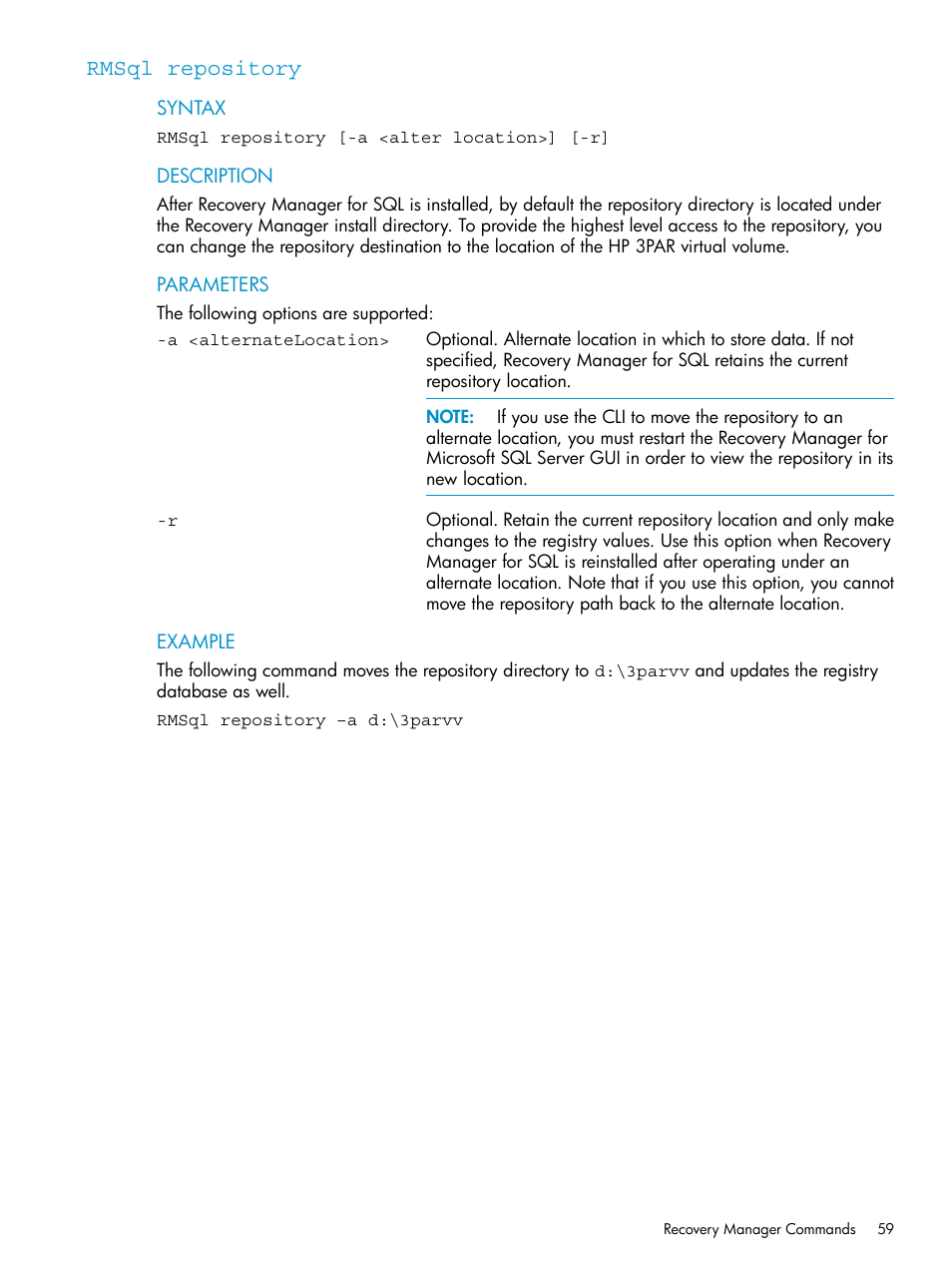 Rmsql repository | HP 3PAR Application Software Suite for Microsoft SQL Licenses User Manual | Page 59 / 84