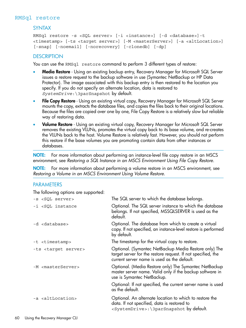 Rmsql restore | HP 3PAR Application Software Suite for Microsoft SQL Licenses User Manual | Page 60 / 84