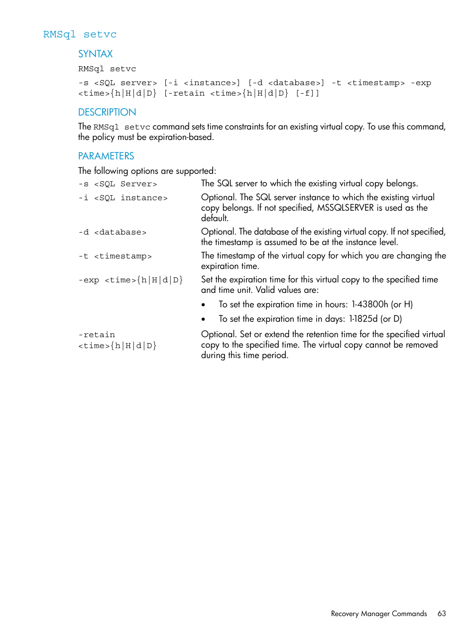 Rmsql setvc | HP 3PAR Application Software Suite for Microsoft SQL Licenses User Manual | Page 63 / 84