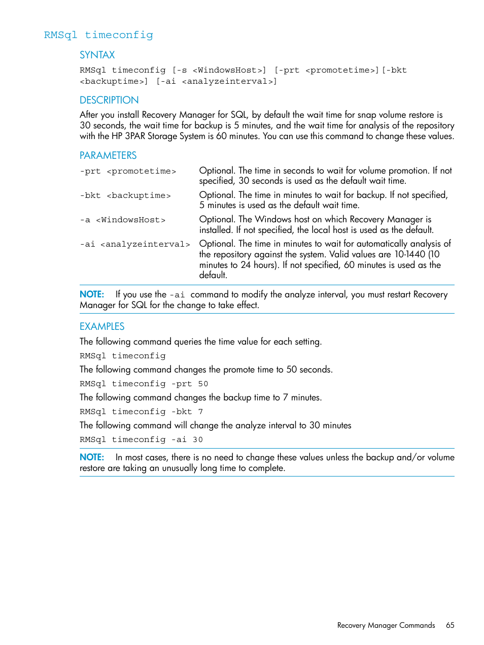 Rmsql timeconfig | HP 3PAR Application Software Suite for Microsoft SQL Licenses User Manual | Page 65 / 84
