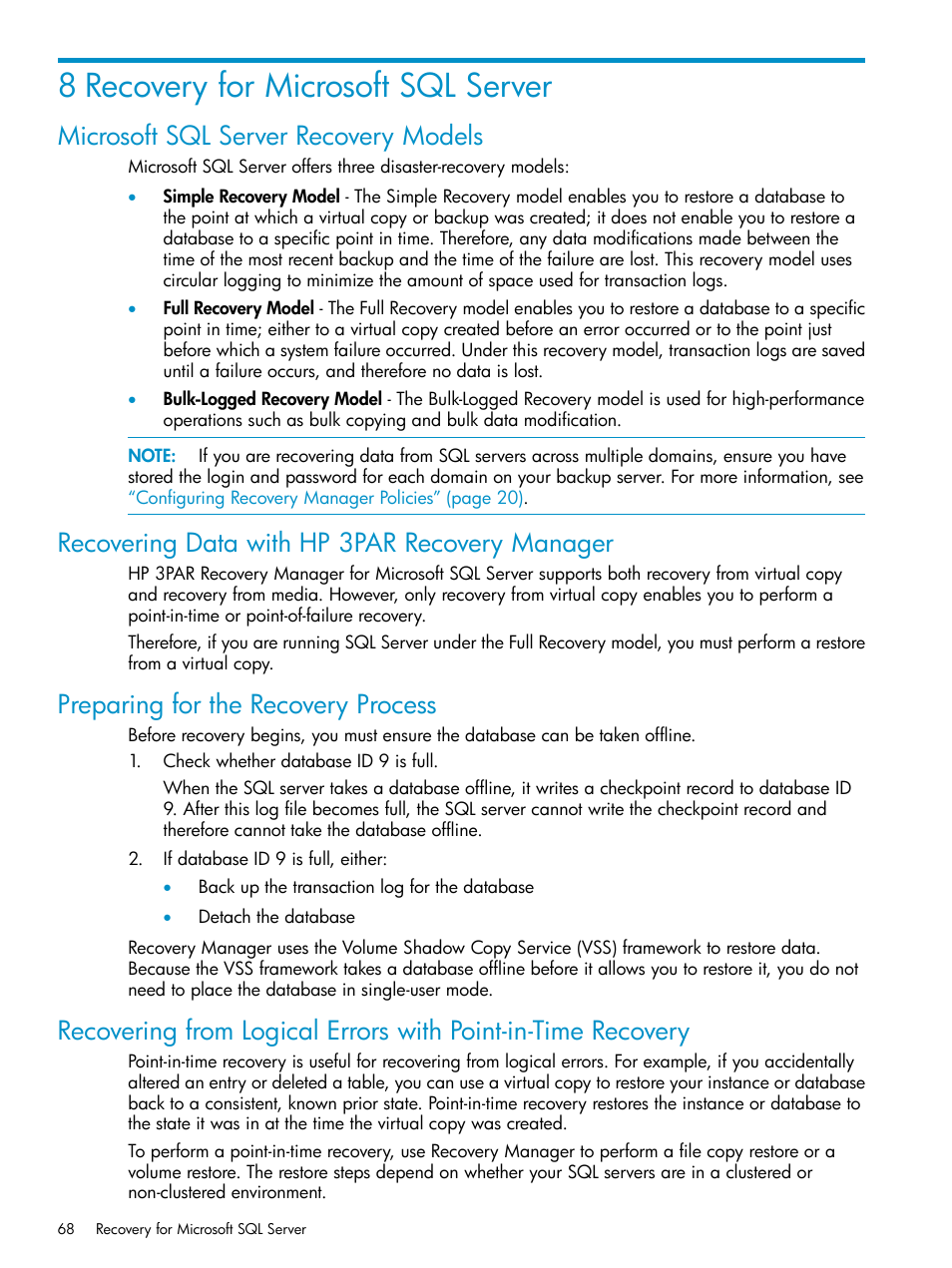 8 recovery for microsoft sql server, Microsoft sql server recovery models, Recovering data with hp 3par recovery manager | Preparing for the recovery process | HP 3PAR Application Software Suite for Microsoft SQL Licenses User Manual | Page 68 / 84