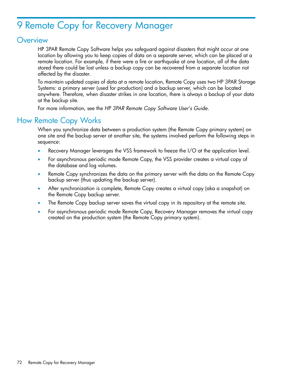 9 remote copy for recovery manager, Overview, How remote copy works | Overview how remote copy works | HP 3PAR Application Software Suite for Microsoft SQL Licenses User Manual | Page 72 / 84
