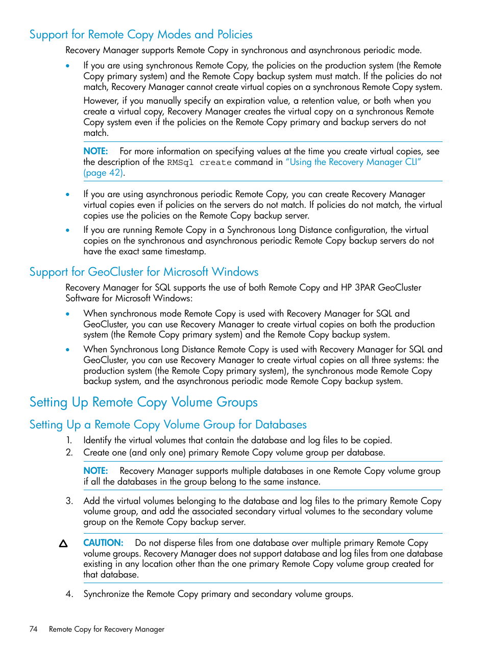 Support for remote copy modes and policies, Support for geocluster for microsoft windows, Setting up remote copy volume groups | HP 3PAR Application Software Suite for Microsoft SQL Licenses User Manual | Page 74 / 84