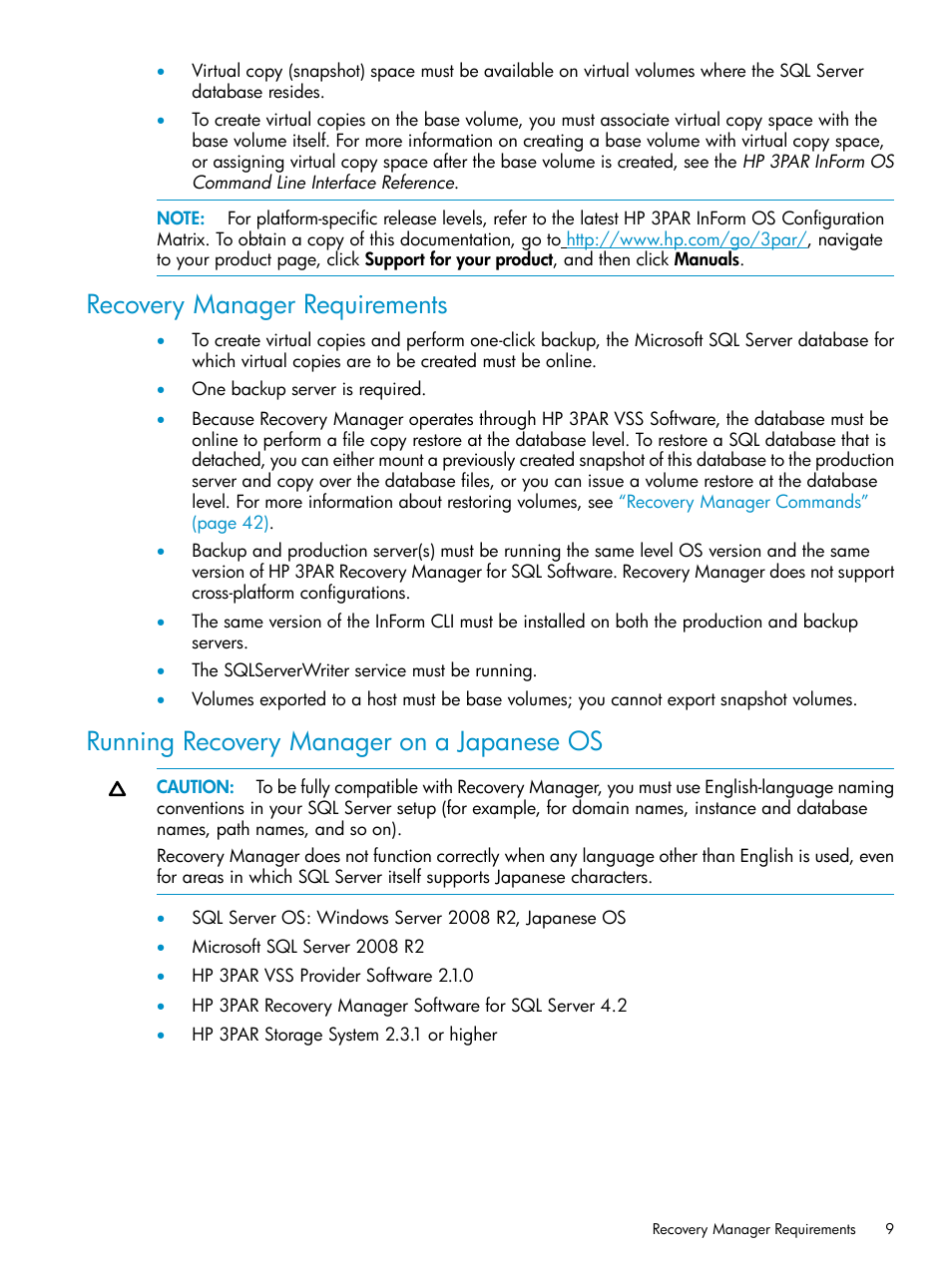Recovery manager requirements, Running recovery manager on a japanese os | HP 3PAR Application Software Suite for Microsoft SQL Licenses User Manual | Page 9 / 84