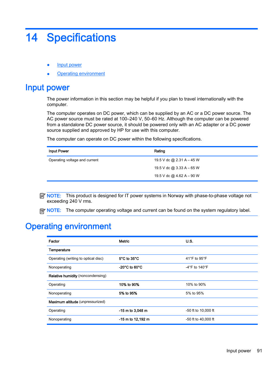 Specifications, Input power, Operating environment | 14 specifications, Input power operating environment | HP ProBook 440 G2 Notebook PC User Manual | Page 101 / 111