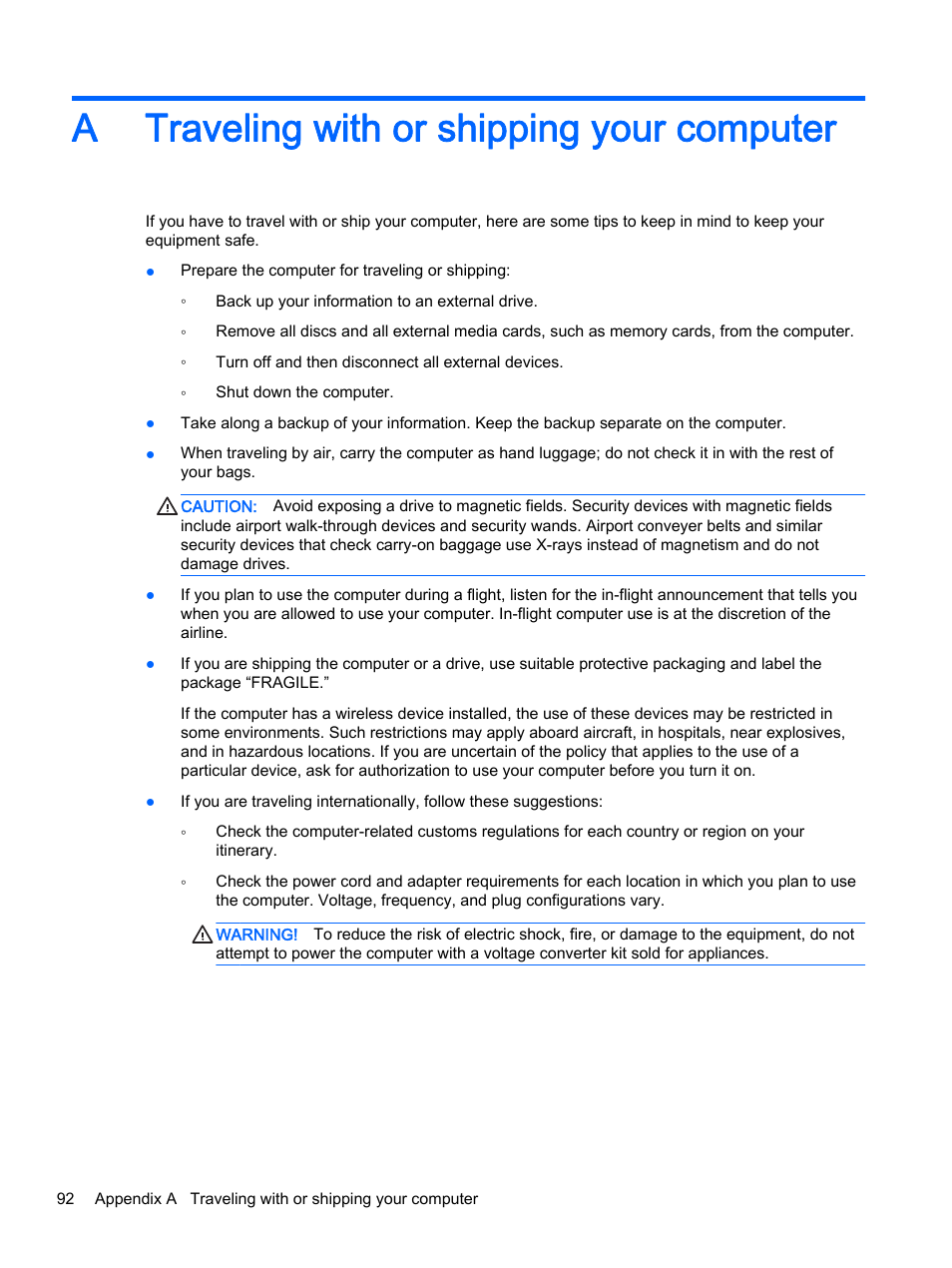 Traveling with or shipping your computer, A traveling with or shipping your computer | HP ProBook 440 G2 Notebook PC User Manual | Page 102 / 111