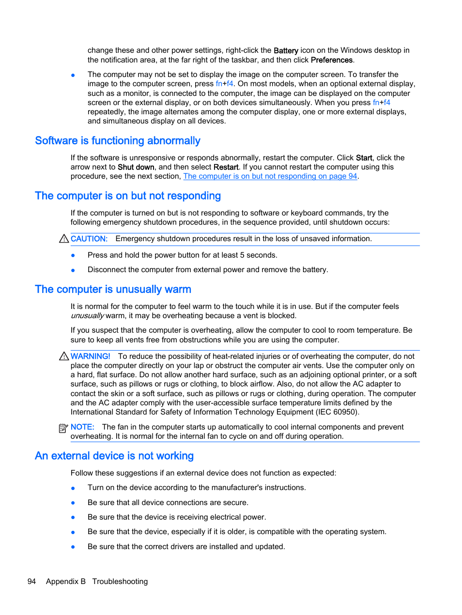 Software is functioning abnormally, The computer is on but not responding, The computer is unusually warm | An external device is not working | HP ProBook 440 G2 Notebook PC User Manual | Page 104 / 111