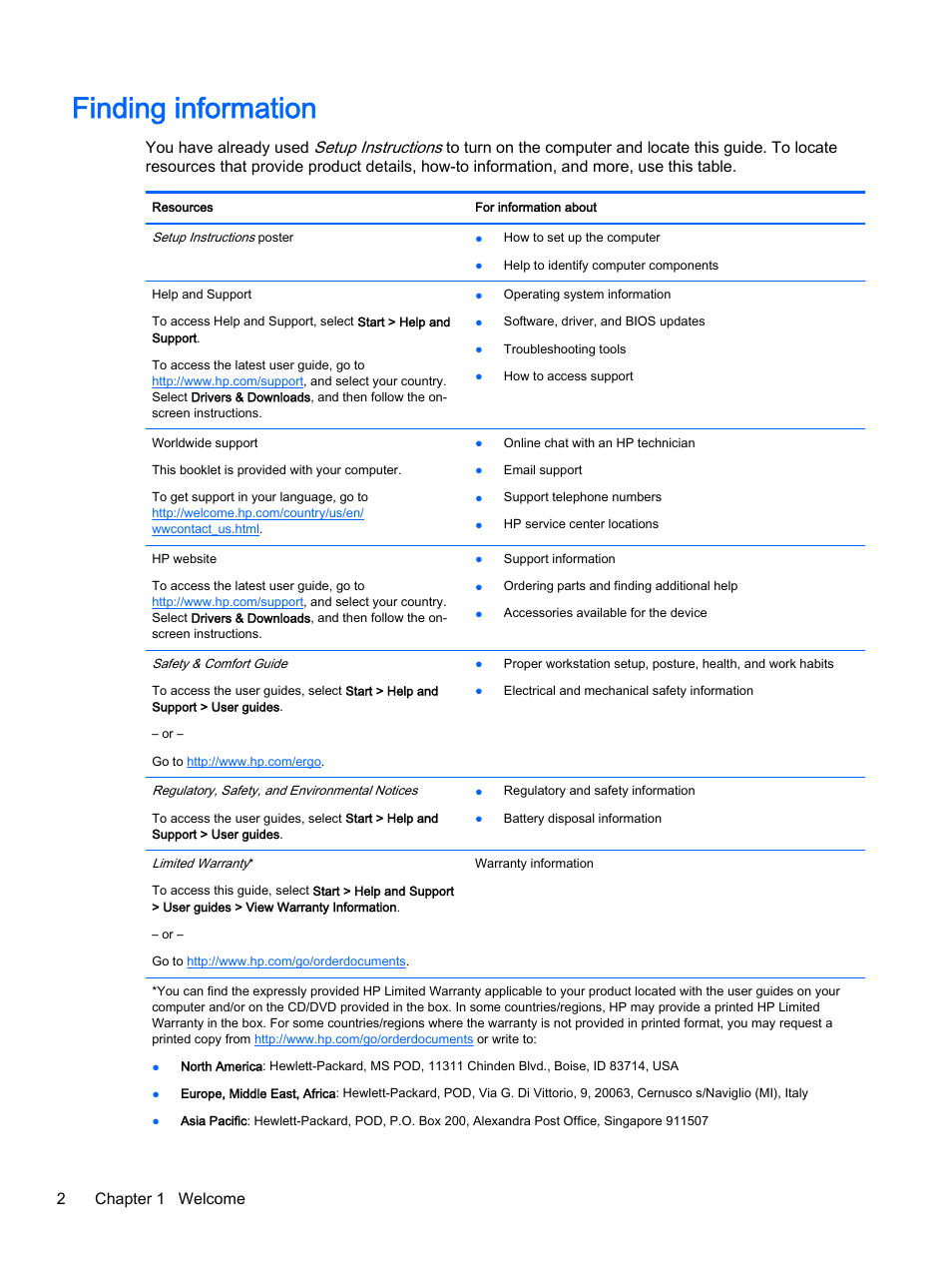 Finding information, 2chapter 1 welcome | HP ProBook 440 G2 Notebook PC User Manual | Page 12 / 111