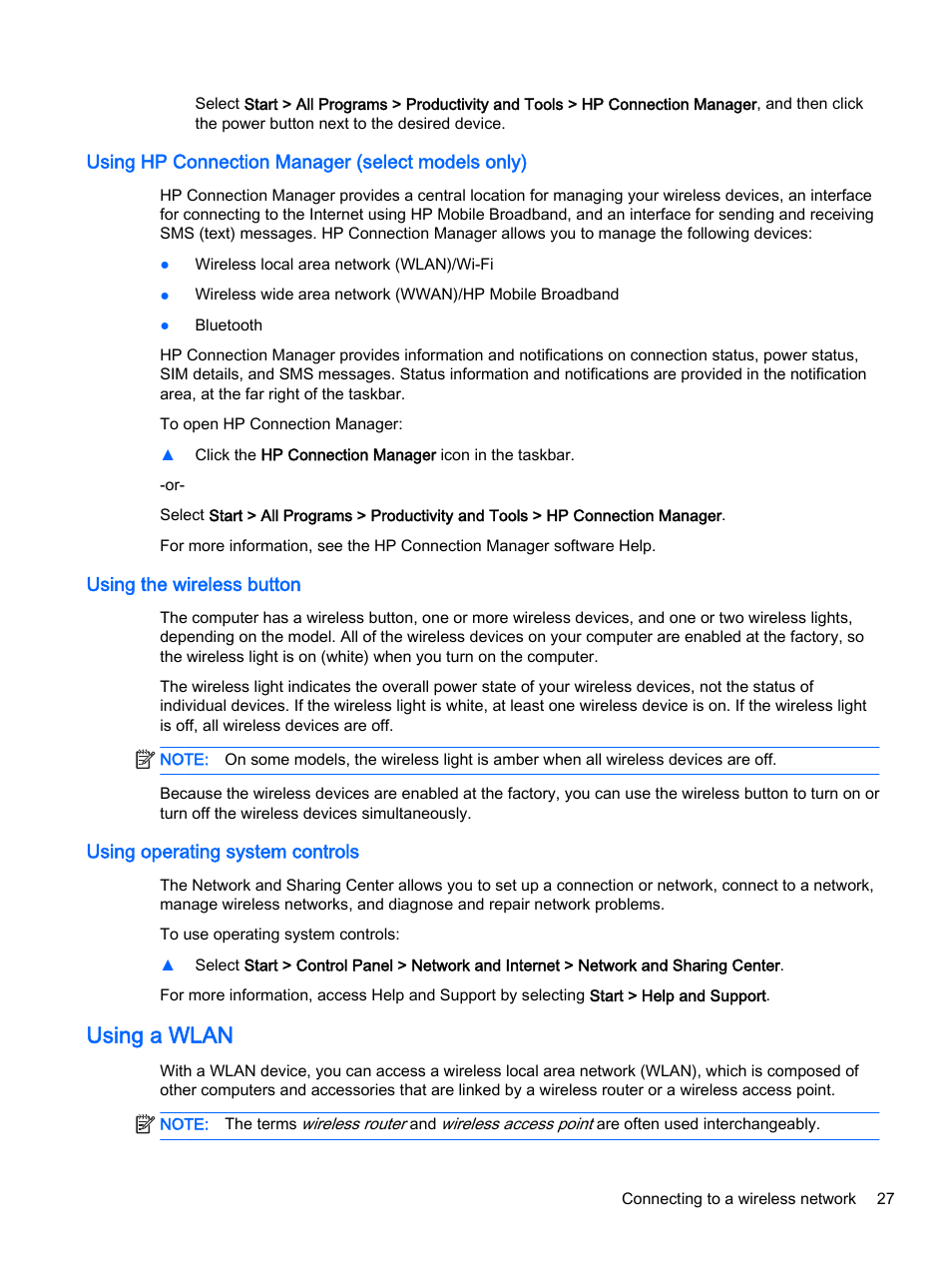 Using hp connection manager (select models only), Using the wireless button, Using operating system controls | Using a wlan | HP ProBook 440 G2 Notebook PC User Manual | Page 37 / 111
