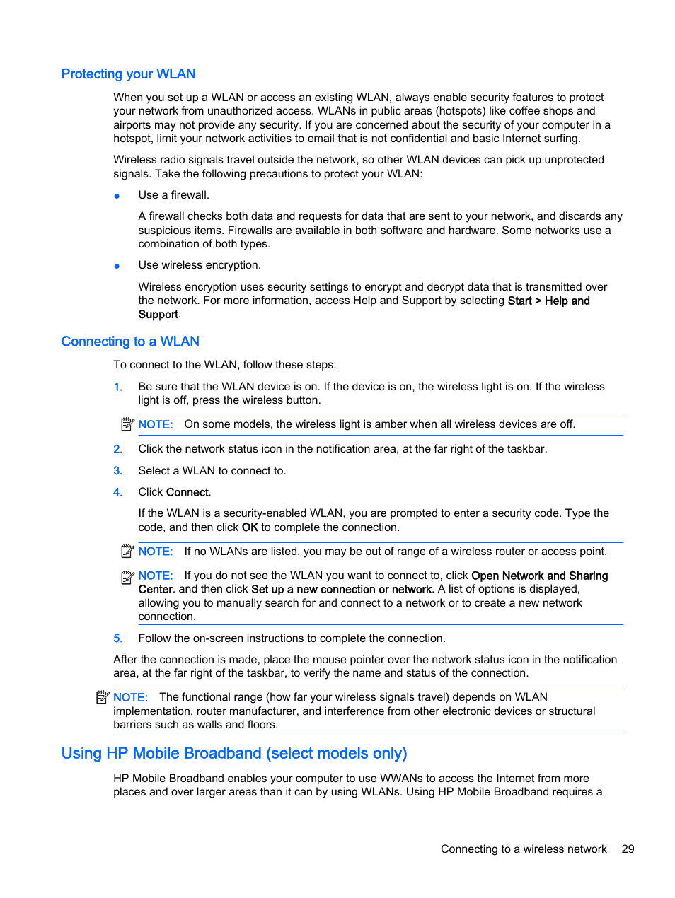 Protecting your wlan, Connecting to a wlan, Using hp mobile broadband (select models only) | Protecting your wlan connecting to a wlan | HP ProBook 440 G2 Notebook PC User Manual | Page 39 / 111