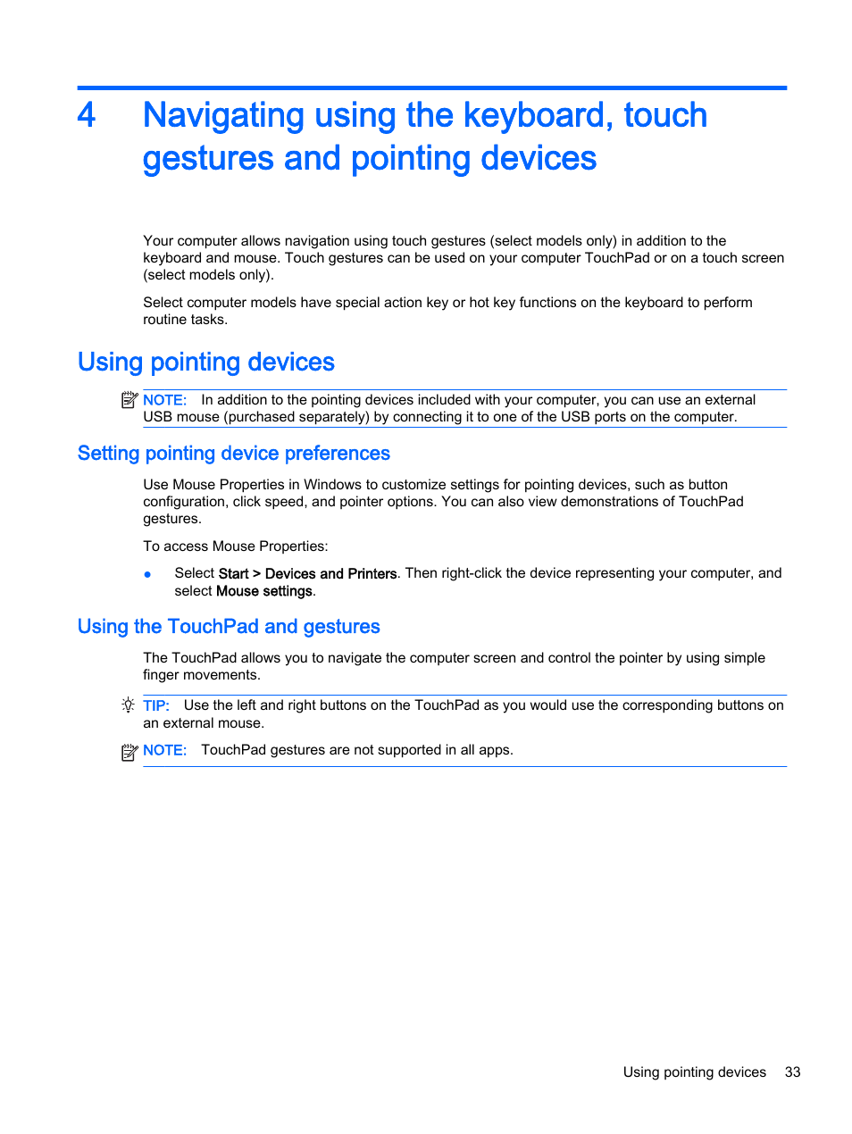 Using pointing devices, Setting pointing device preferences, Using the touchpad and gestures | For additiona | HP ProBook 440 G2 Notebook PC User Manual | Page 43 / 111