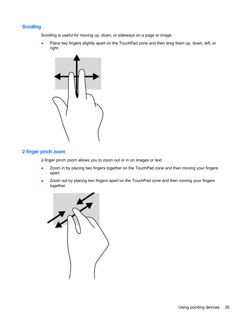 Scrolling, Finger pinch zoom, Scrolling 2-finger pinch zoom | HP ProBook 440 G2 Notebook PC User Manual | Page 45 / 111