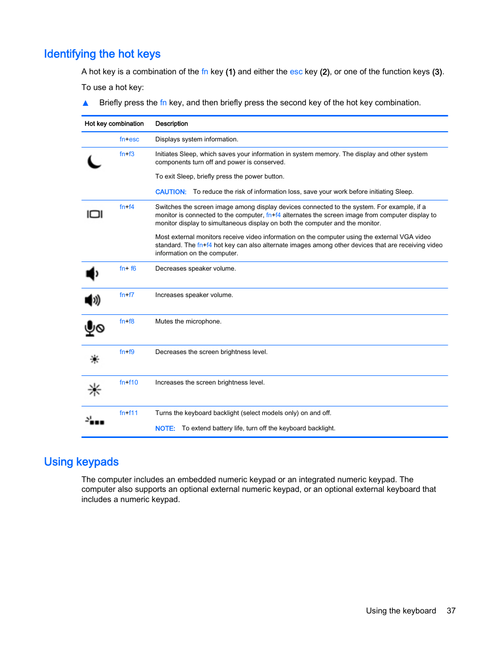 Identifying the hot keys, Using keypads, Identifying the hot keys using keypads | HP ProBook 440 G2 Notebook PC User Manual | Page 47 / 111